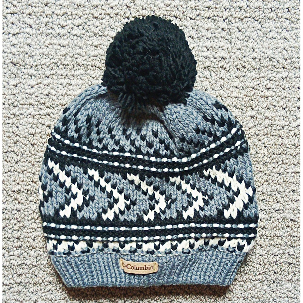C8 Columbia Gray/Black/White Geometric Knit Pom-Pom Beanie Fleece Lined OneSize